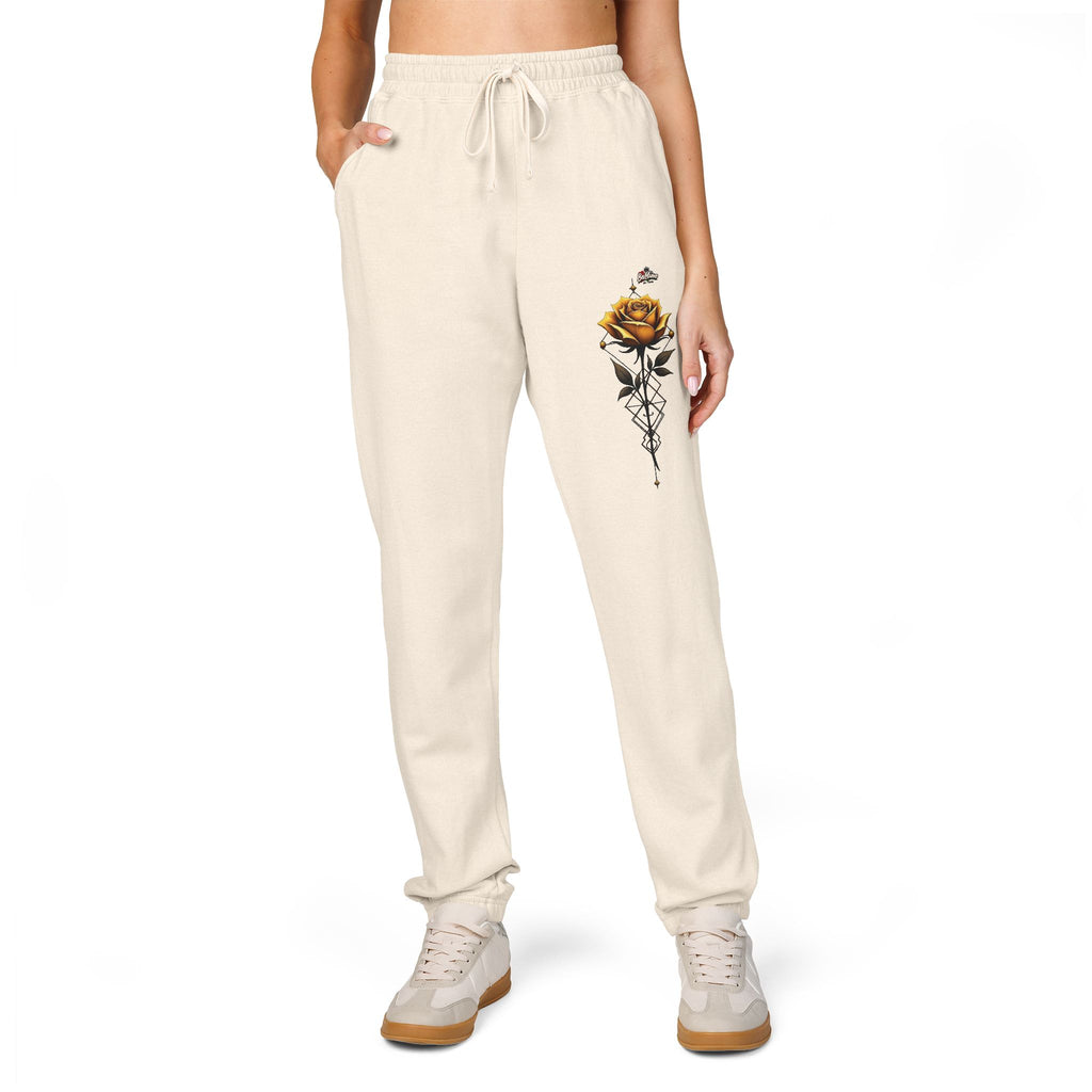Rose Dagger Sweatpants — Garment-Dyed Fleece Joggers with Floral Skull Graphic
