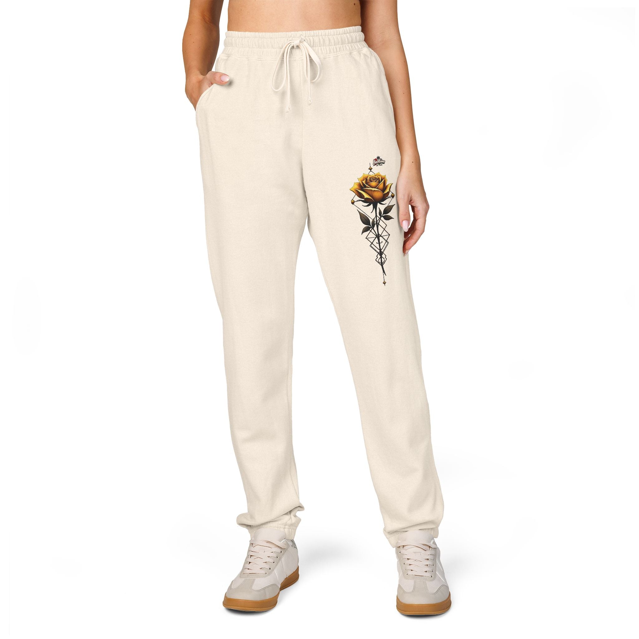 Rose Dagger Sweatpants — Garment-Dyed Fleece Joggers with Floral Skull Graphic